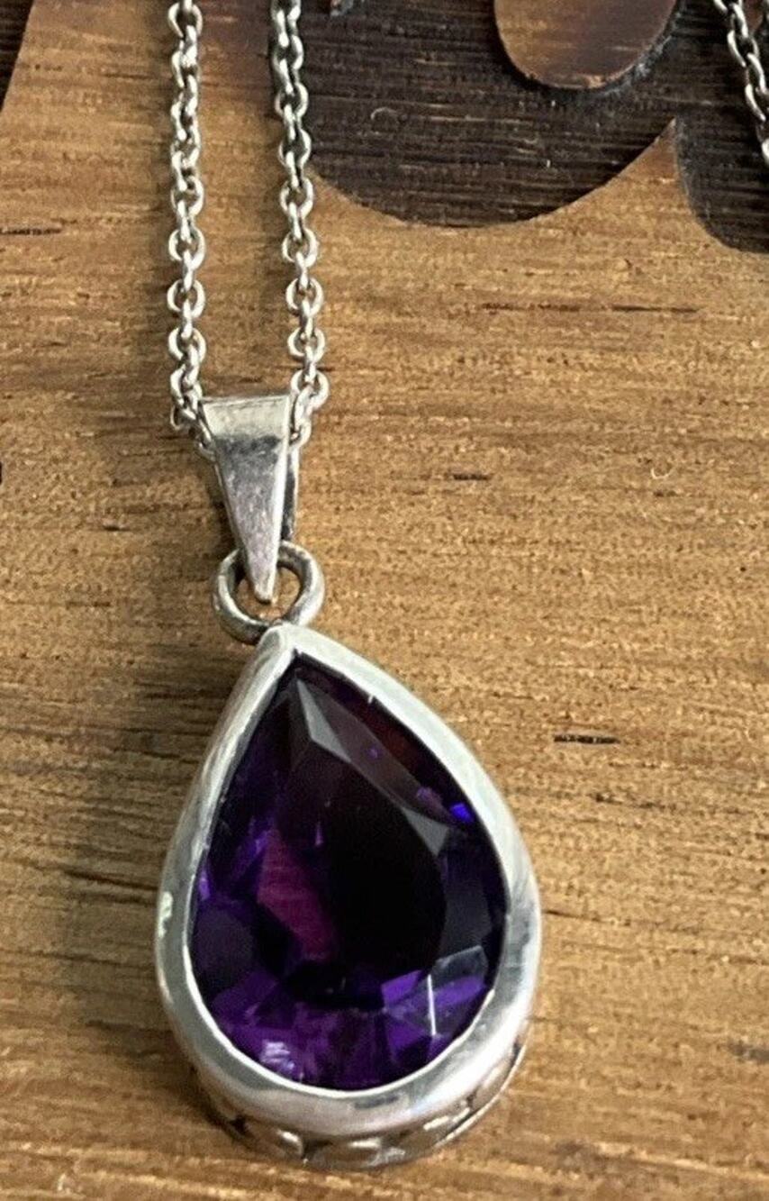 Sterling Silver Amethyst Teardrop Pendant On 925 Necklace